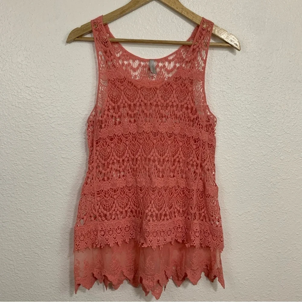 Vanity Boho Beachy Coral Crochet Lace Trim Sheer Top Size M - Picture 1 of 5